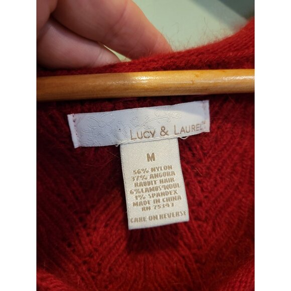 Red Angora Lambswool Blend V Neck Bow Sweater Holiday Lucy And Laurel Sz M - Picture 5 of 6